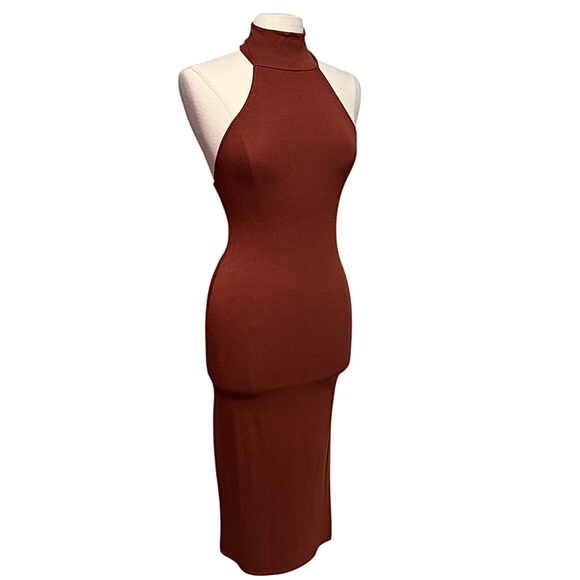 Fore Slinky Soft Rust Brown Open Back Sleeveless Halter Midi Dress Small NWOT - Picture 3 of 9